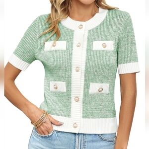 Urban Revivo Green and White Women's Short Sleeve Button Up Cardigan Size XXL